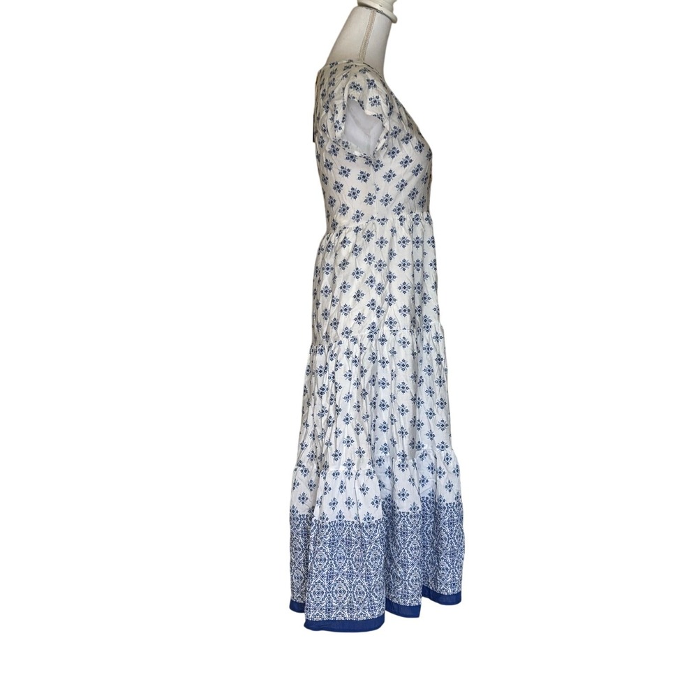 Blu Pepper White Blue Tiered Button Front Midi Dress Small, cottagecore NWT - Picture 2 of 8